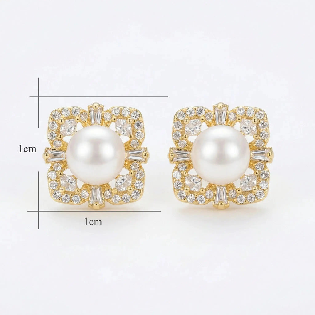 925 Sterling Silver Elegant Lustrous Pearl Earrings Studs with Ornate Geometric Gemstone Halo Frame NP Collection