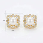 925 Sterling Silver Elegant Lustrous Pearl Earrings Studs with Ornate Geometric Gemstone Halo Frame NP Collection
