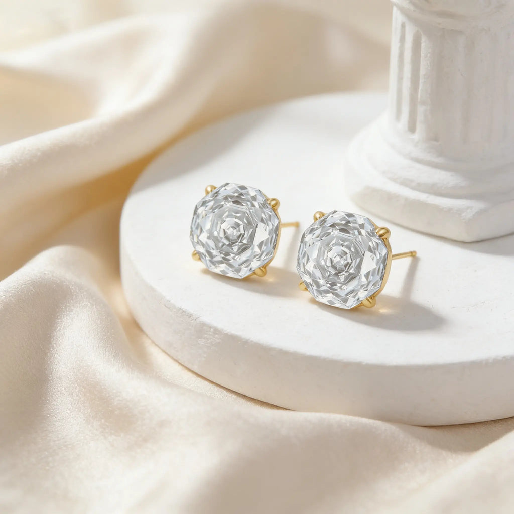 925 Sterling Silver Elegant Asscher Cut Brilliant Gemstone Stud Earrings in Polished Metal Setting