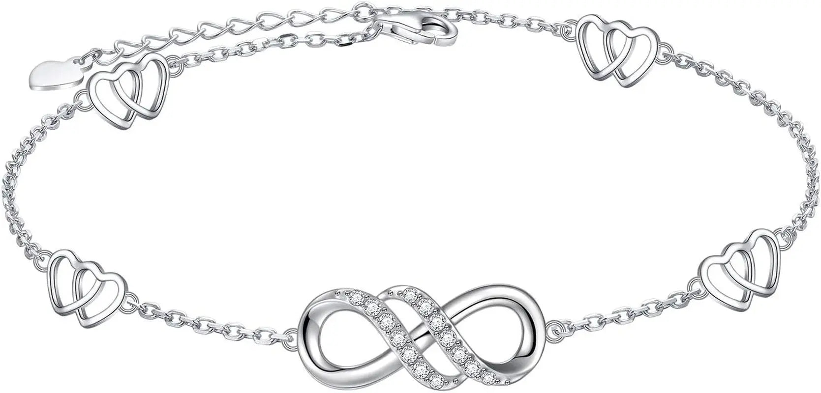 Double Infinity Anklet 925 Sterling Silver Adjustable Heart Ankle Bracelet Boho Beach Foot Chain 9+1 Inch