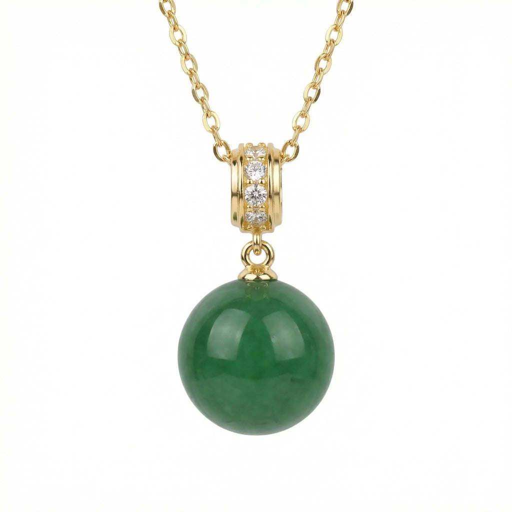 925 Sterling Silver Elegant Green Jade Sphere Pendant Necklace with Diamond Accents on a Shimmering Link Chain NP Collection
