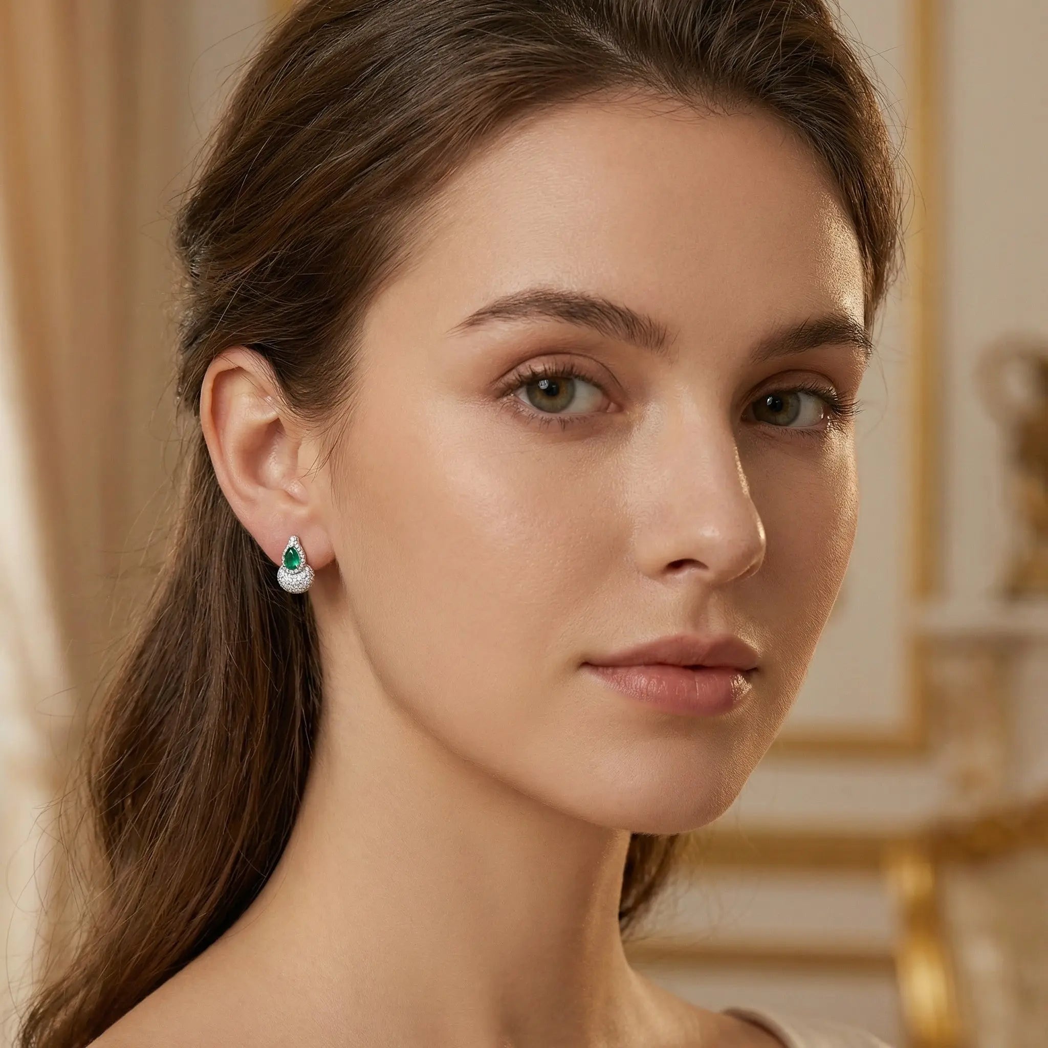 925 Sterling Silver Elegant Pear-Cut Emerald and Diamond Halo Teardrop Earrings with Shimmering Pavé Accents NP Collection