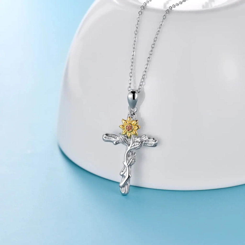Cross Necklace 925 Sterling Silver Sunflower Pendant Necklaces Birthday Gifts Jewelry for Women Mom Daughter Wife