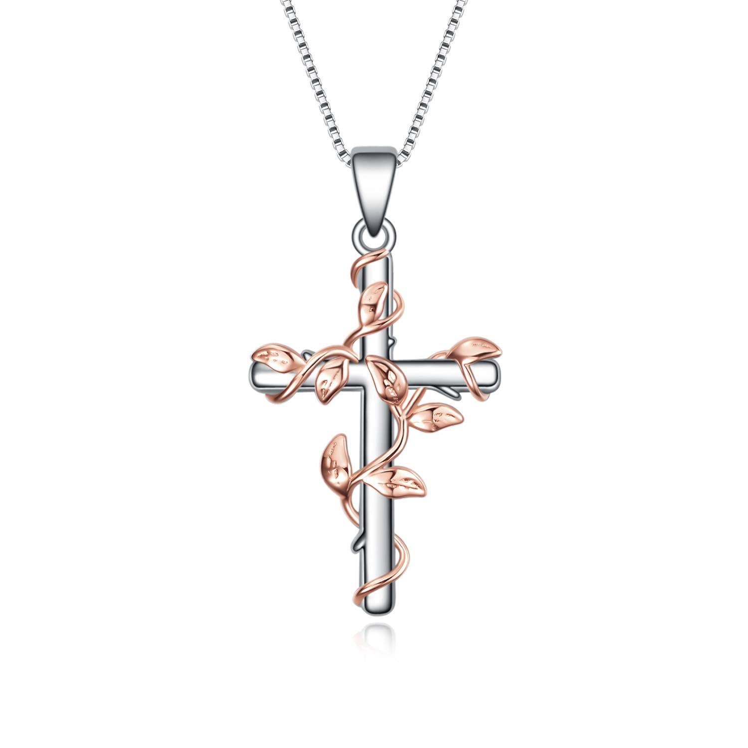 Sterling Silver Rose Flower Cross Pendant Necklace