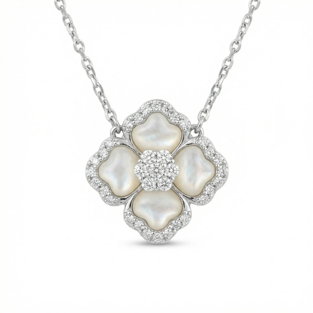 925 Sterling Silver Elegant Silver Mother-of-Pearl and Diamond Floral Pendant Necklace NP Collection