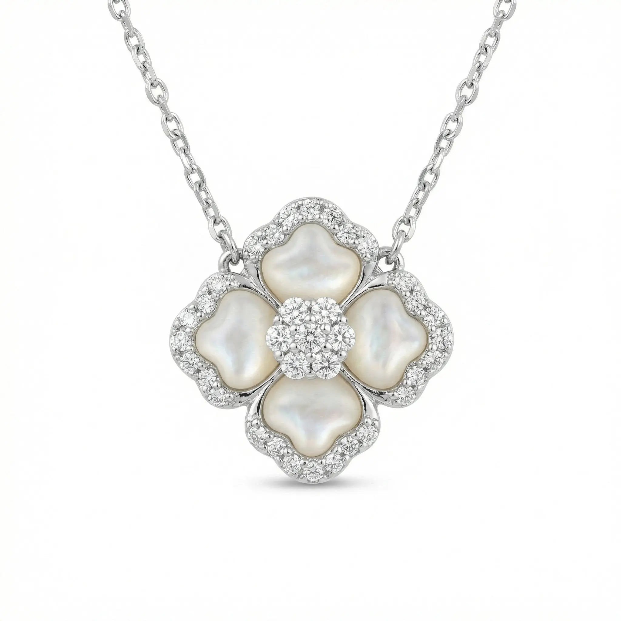 925 Sterling Silver Elegant Silver Mother-of-Pearl and Diamond Floral Pendant Necklace NP Collection