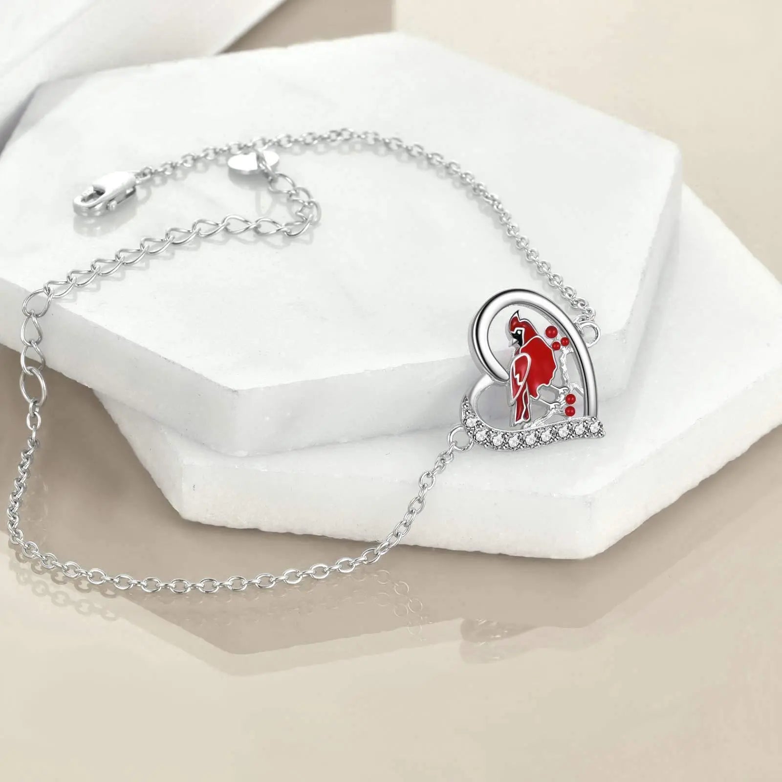 Red Cardinal Heart Shaped Zircon Sterling Silver Anklet – Romantic Jewelry Gift NP Collection