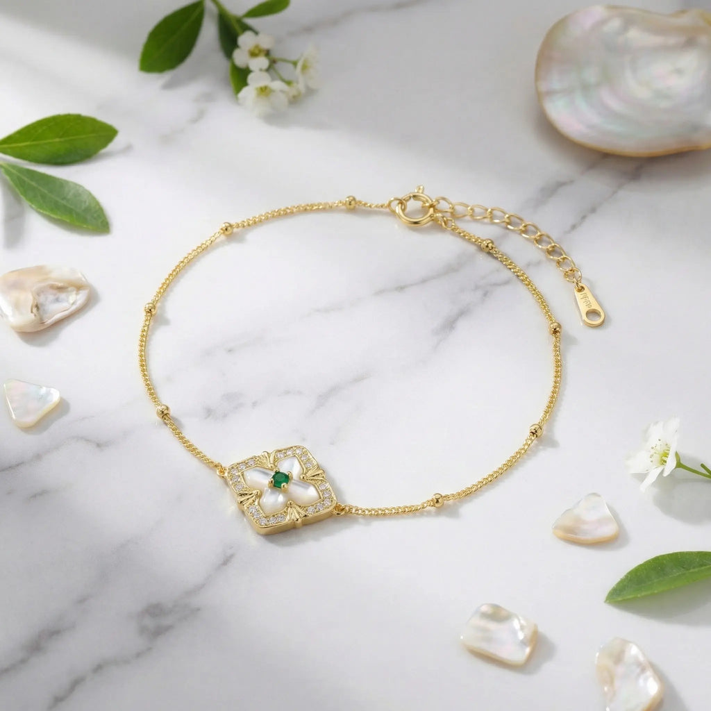 925 Sterling Silver Radiant Emerald and Mother of Pearl Quatrefoil Station Bracelet with Delicate Beading