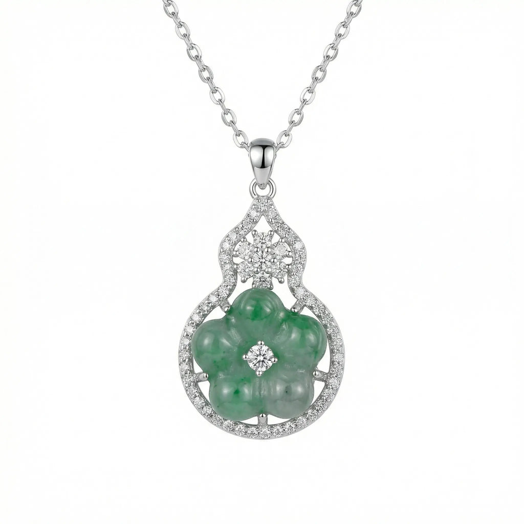 925 Sterling Silver Elegant Green Jadeite Flower Pendant Necklace in a Diamond-Encrusted Gourd Frame NP Collection
