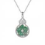 925 Sterling Silver Elegant Green Jadeite Flower Pendant Necklace in a Diamond-Encrusted Gourd Frame NP Collection