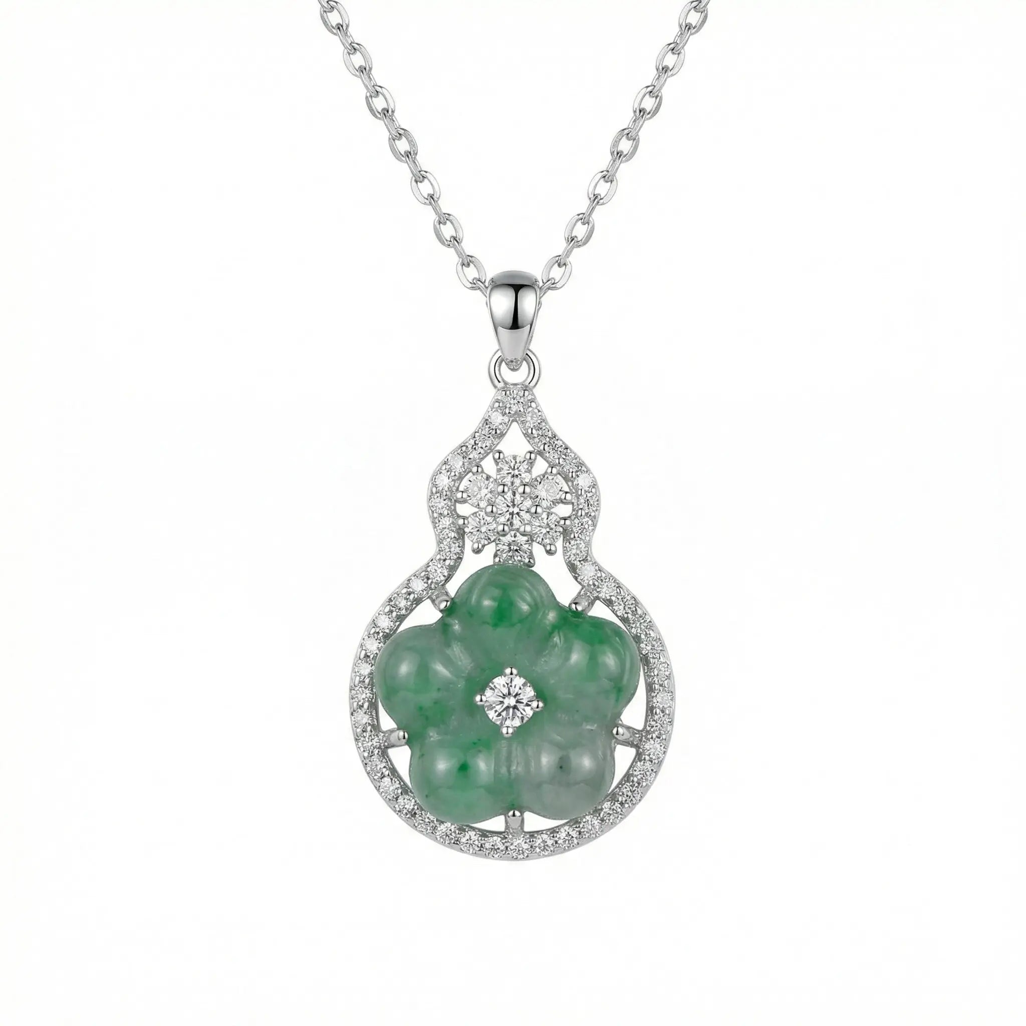 925 Sterling Silver Elegant Green Jadeite Flower Pendant Necklace in a Diamond-Encrusted Gourd Frame NP Collection