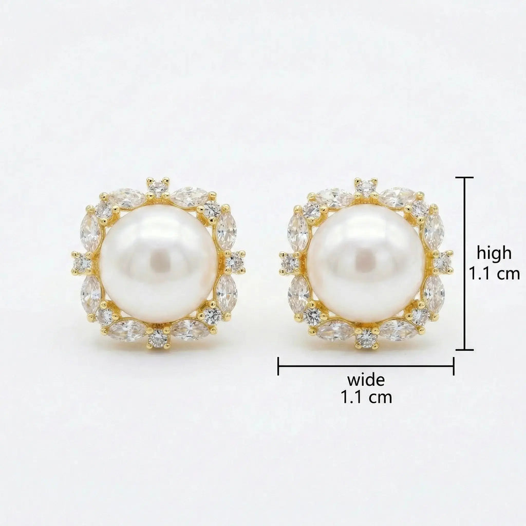 925 Sterling Silver Elegant White Pearl Stud Earrings with Marquise and Round Zirconia Square Halo Settings NP Collection