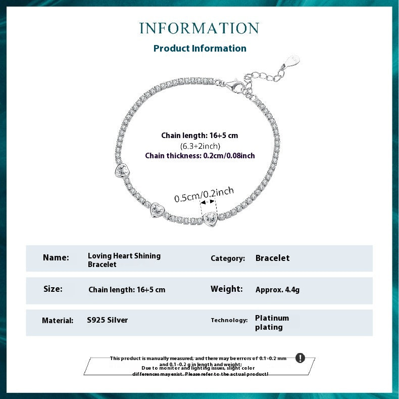 S925 Loving Heart In Sterling Silver Shining Zircon Bracelet