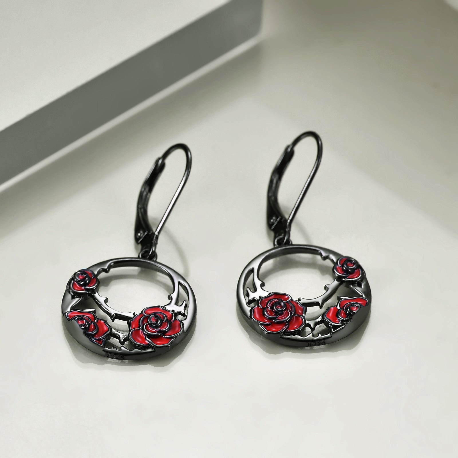 Sterling Silver Red Rose Flower Leverback Earrings