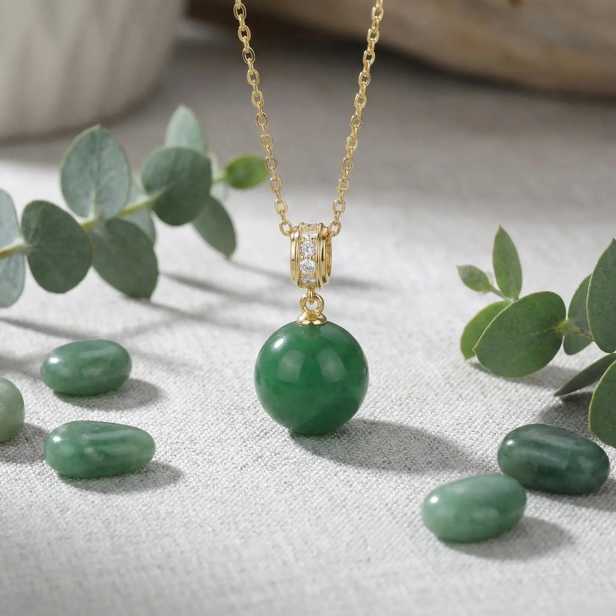 925 Sterling Silver Elegant Green Jade Sphere Pendant Necklace with Diamond Accents on a Shimmering Link Chain NP Collection