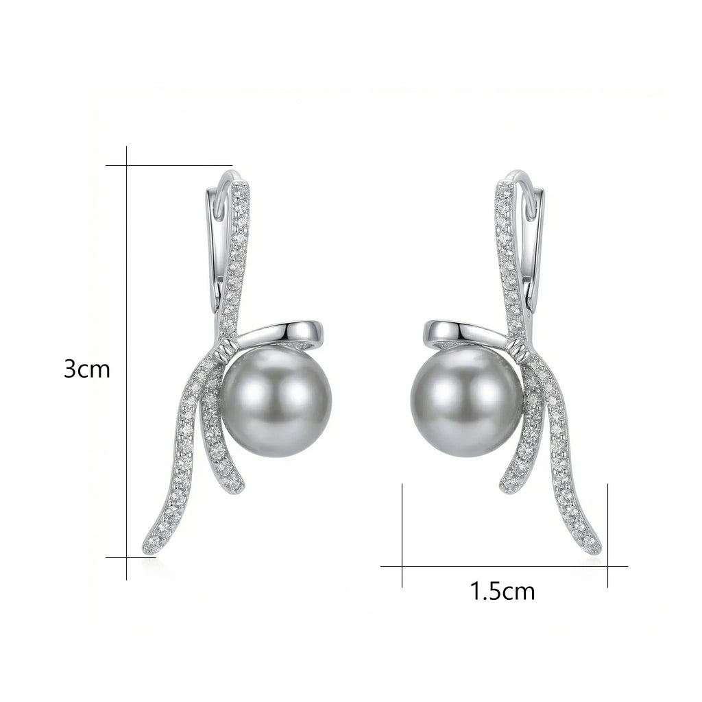 925 Sterling Silver Elegant Silver Ribbon Bow Earrings Featuring Radiant Gray Pearls and Shimmering Accents