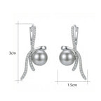 925 Sterling Silver Elegant Silver Ribbon Bow Earrings Featuring Radiant Gray Pearls and Shimmering Accents
