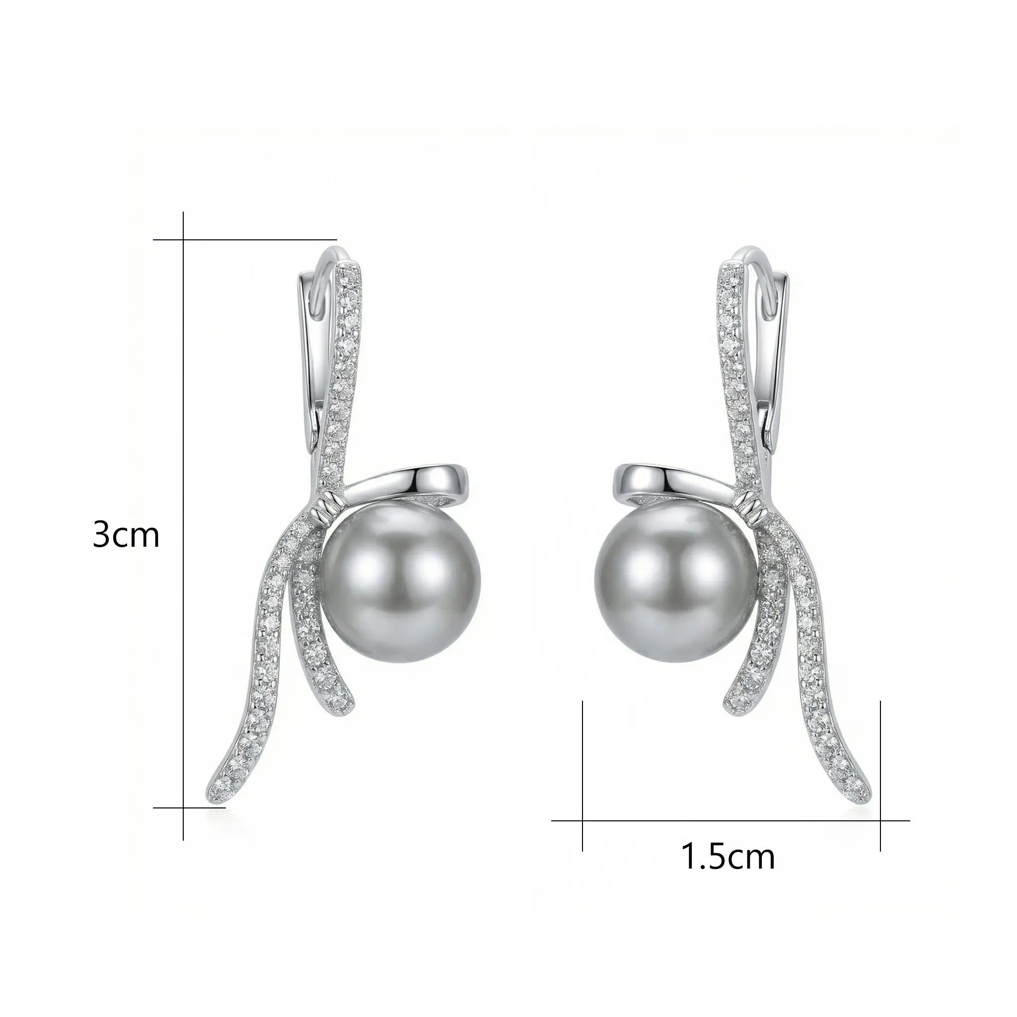 925 Sterling Silver Elegant Silver Ribbon Bow Earrings Featuring Radiant Gray Pearls and Shimmering Accents