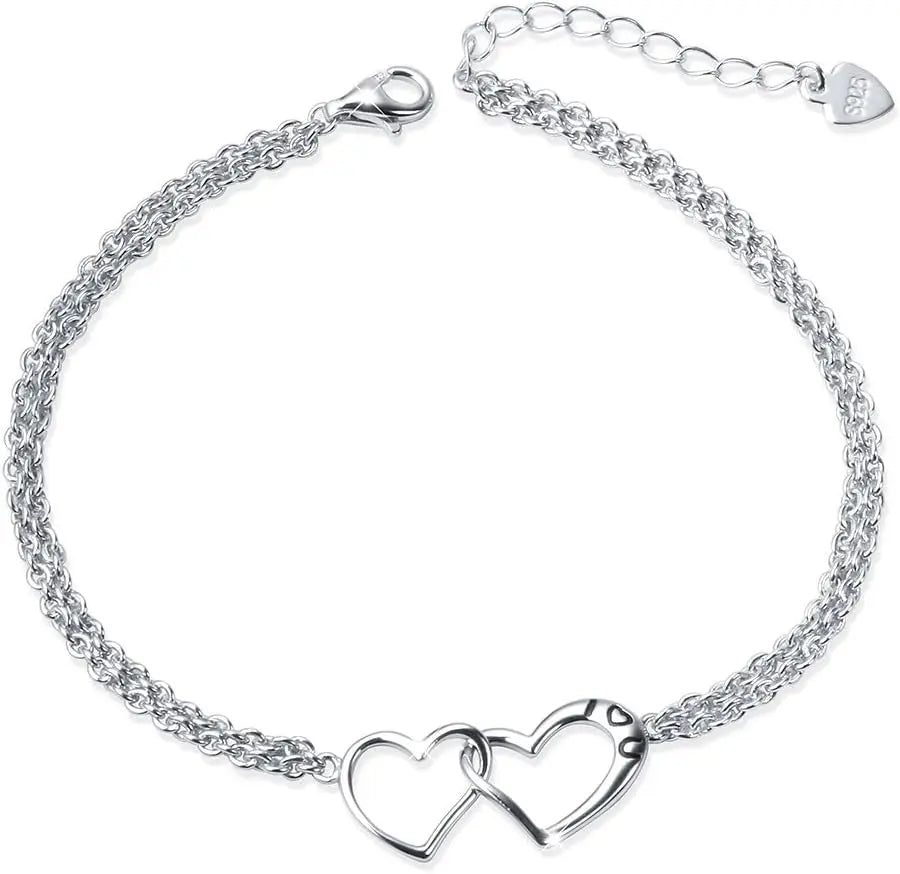 S925 Sterling Silver I Love U Forever Love Heart Double Chain Bracelets