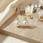 925 Sterling Silver Elegant White Round Pearl Earrings Featuring Shimmering Diamond Accents in Gilded Settings NP Collection