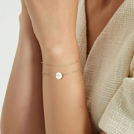 Dainty Gold Bracelets For Women, 14K Gold Filled Adjustable Layered Bracelet Cute Oval Chain  Bar Gold Bracelet