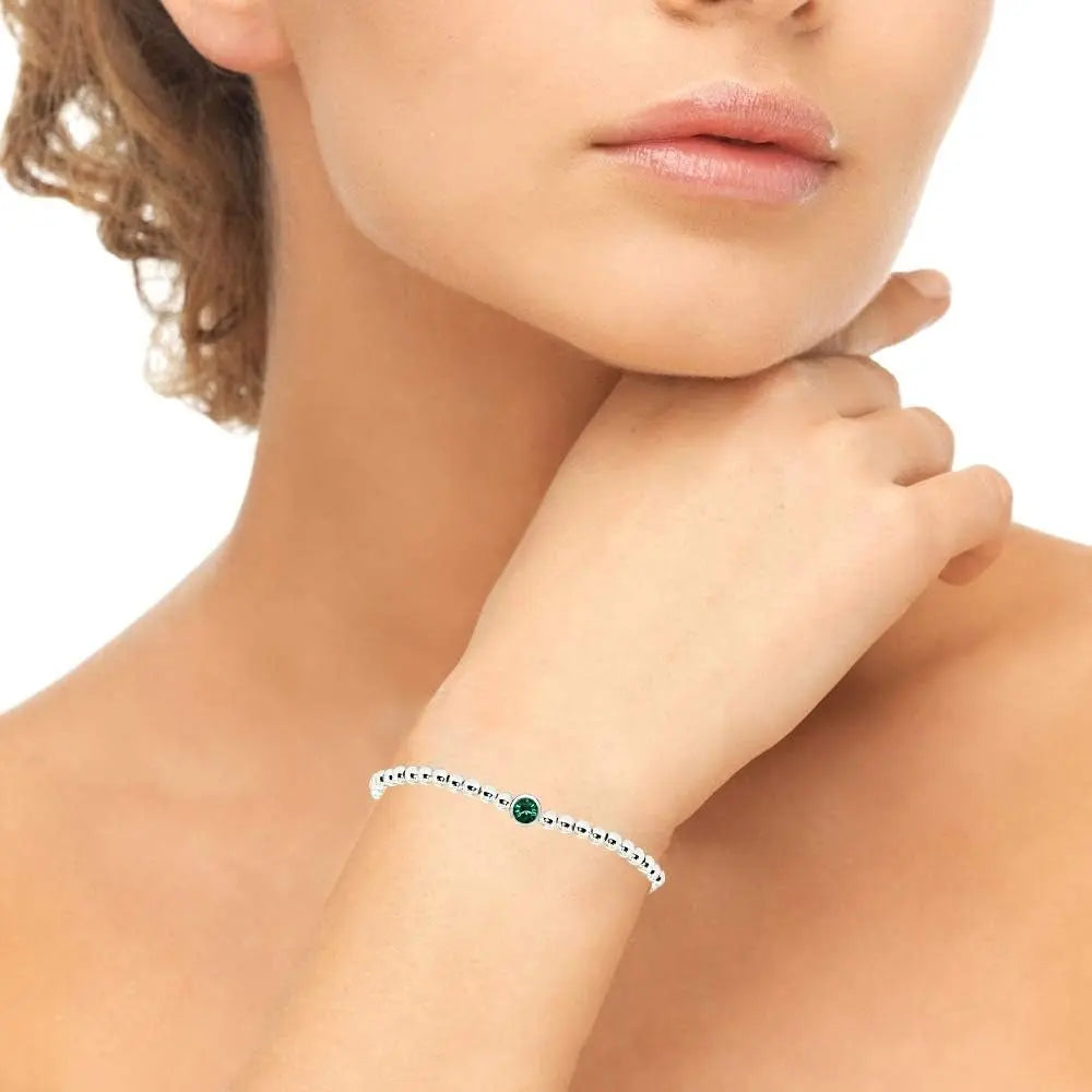 Sterling Silver Polished Beads & Crystal Stretch Stackable Bracelet for Women