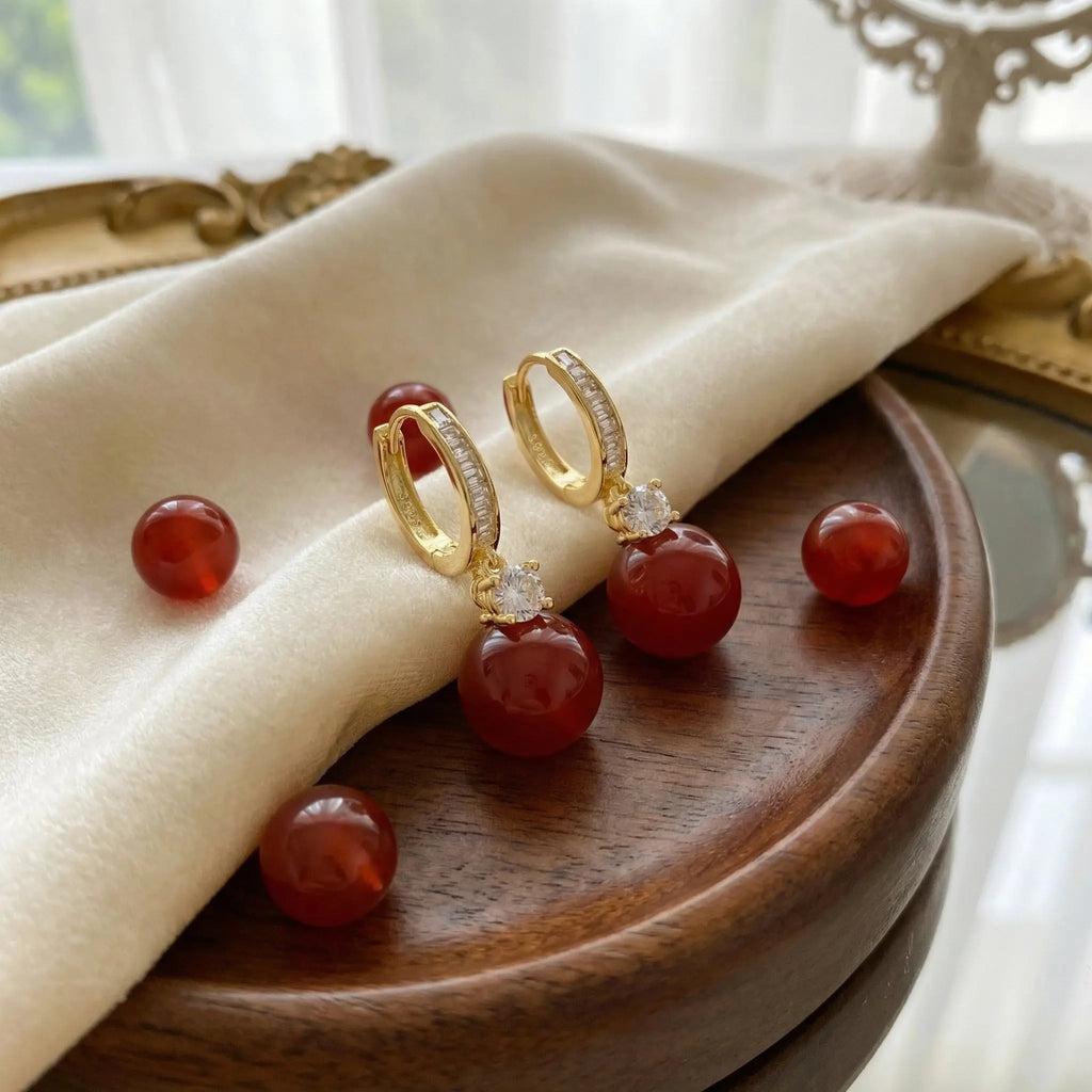 925 Sterling Silver Elegant Red Spherical Drop Earrings with Sparkling Crystal Accents and Sleek Metallic Huggie Hoops