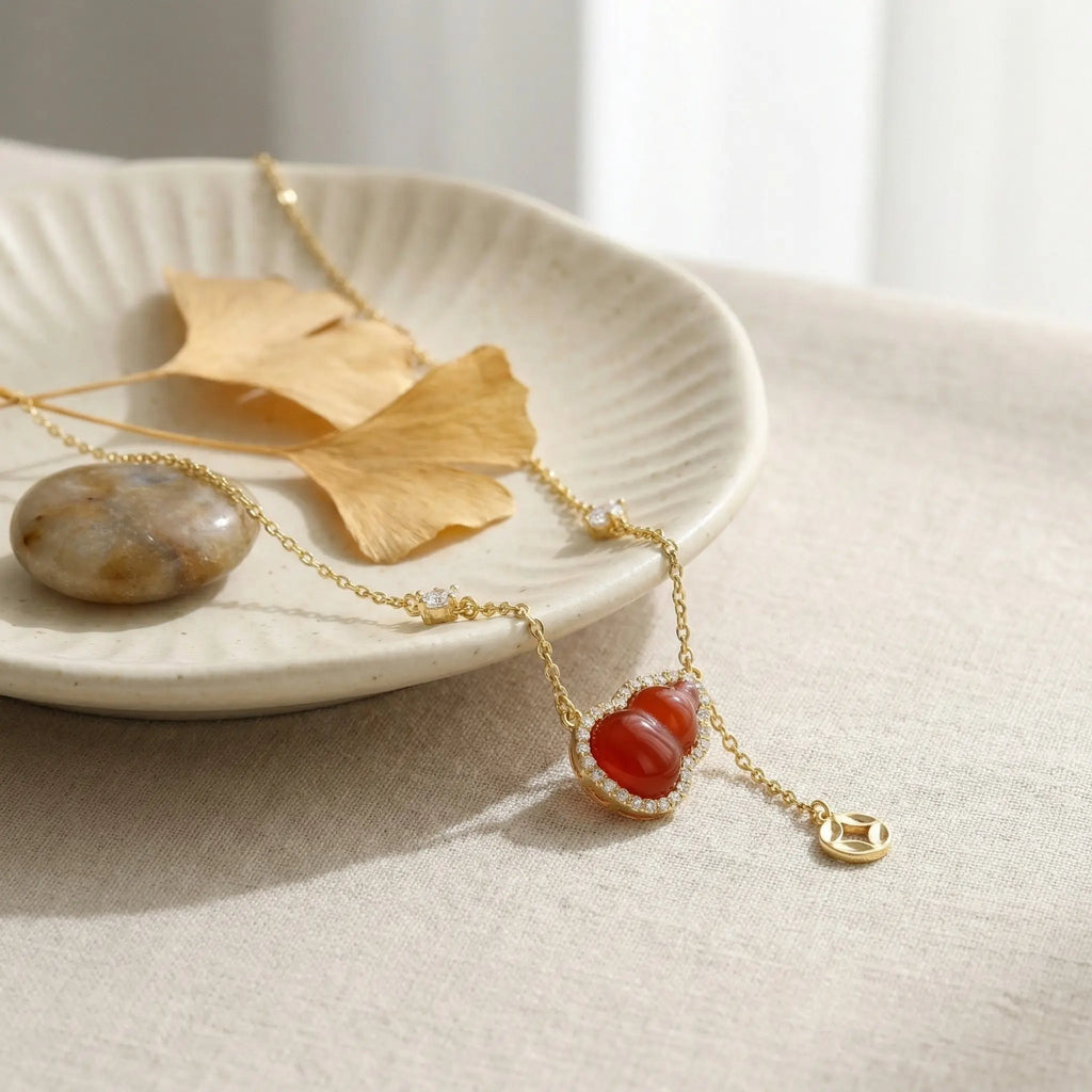 925 Sterling Silver Elegant Red Carnelian Hulu Pendant Necklace with Shimmering Accents and Coin Charm NP Collection