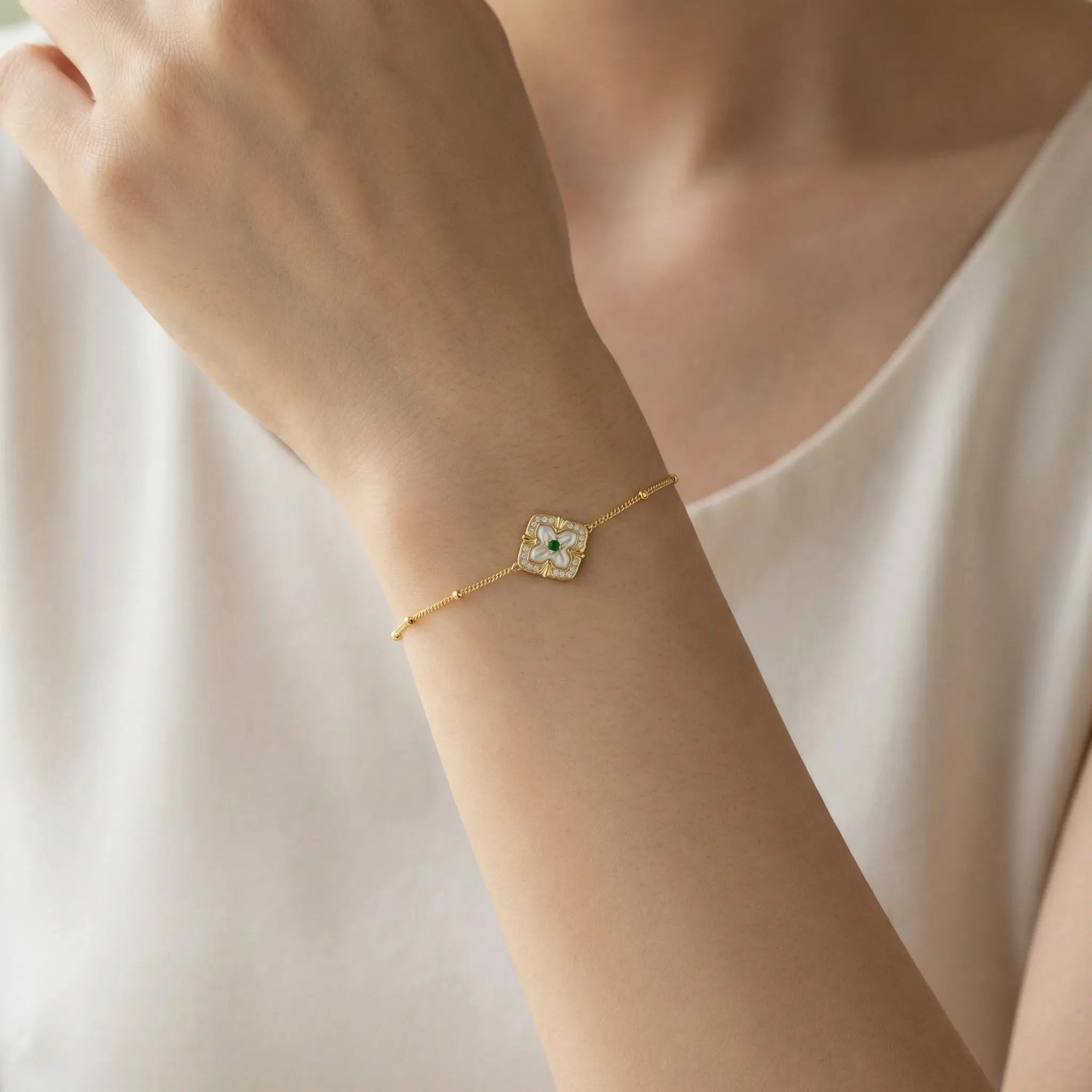 925 Sterling Silver Radiant Emerald and Mother of Pearl Quatrefoil Station Bracelet with Delicate Beading