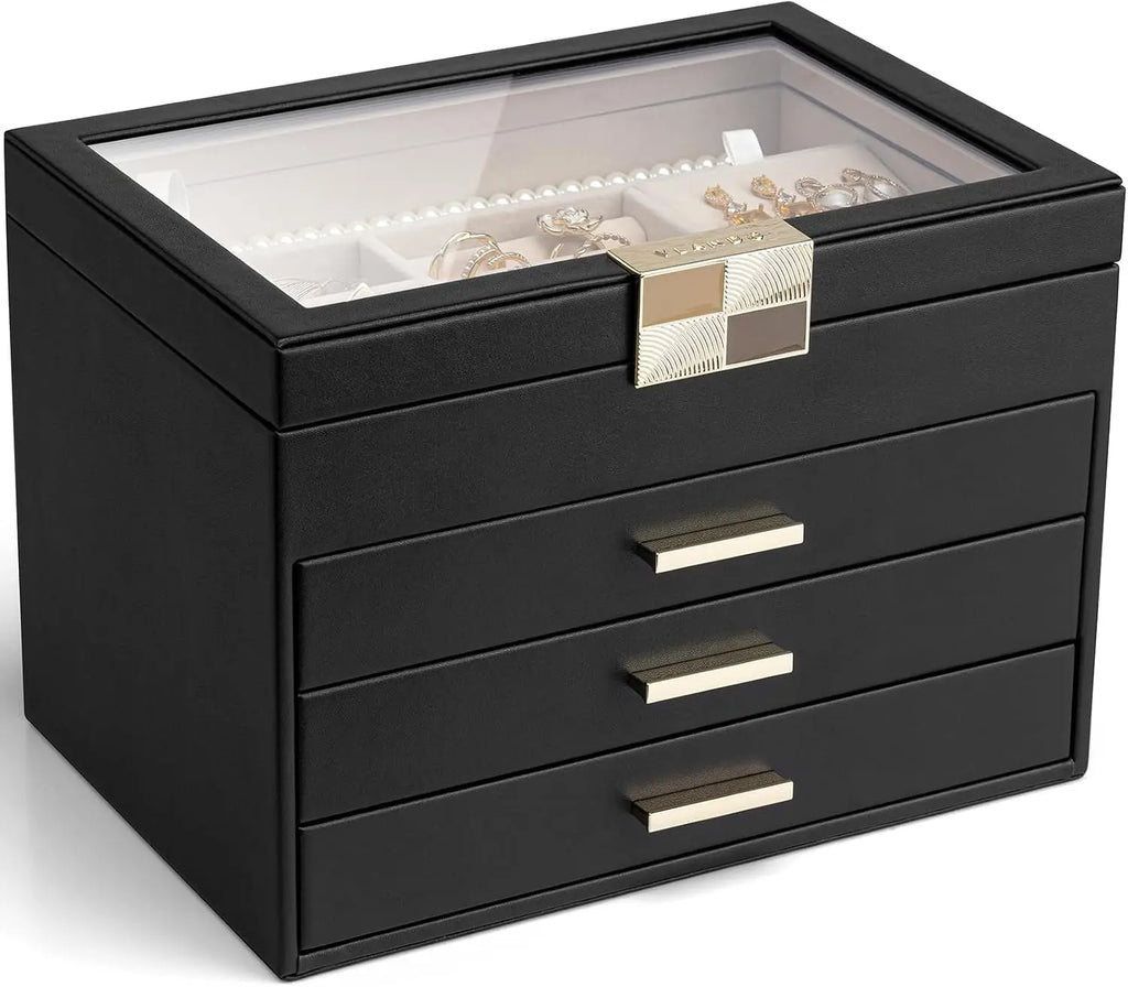 Jewelry Box Organizer for Women, 4-Layer Jewelry Storage Case with Glass Lid, Gold Handle, 3 Drawers for Rings, Earrings, Necklaces and Bracelets - Black