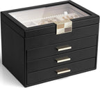 Jewelry Box Organizer for Women, 4-Layer Jewelry Storage Case with Glass Lid, Gold Handle, 3 Drawers for Rings, Earrings, Necklaces and Bracelets - Black