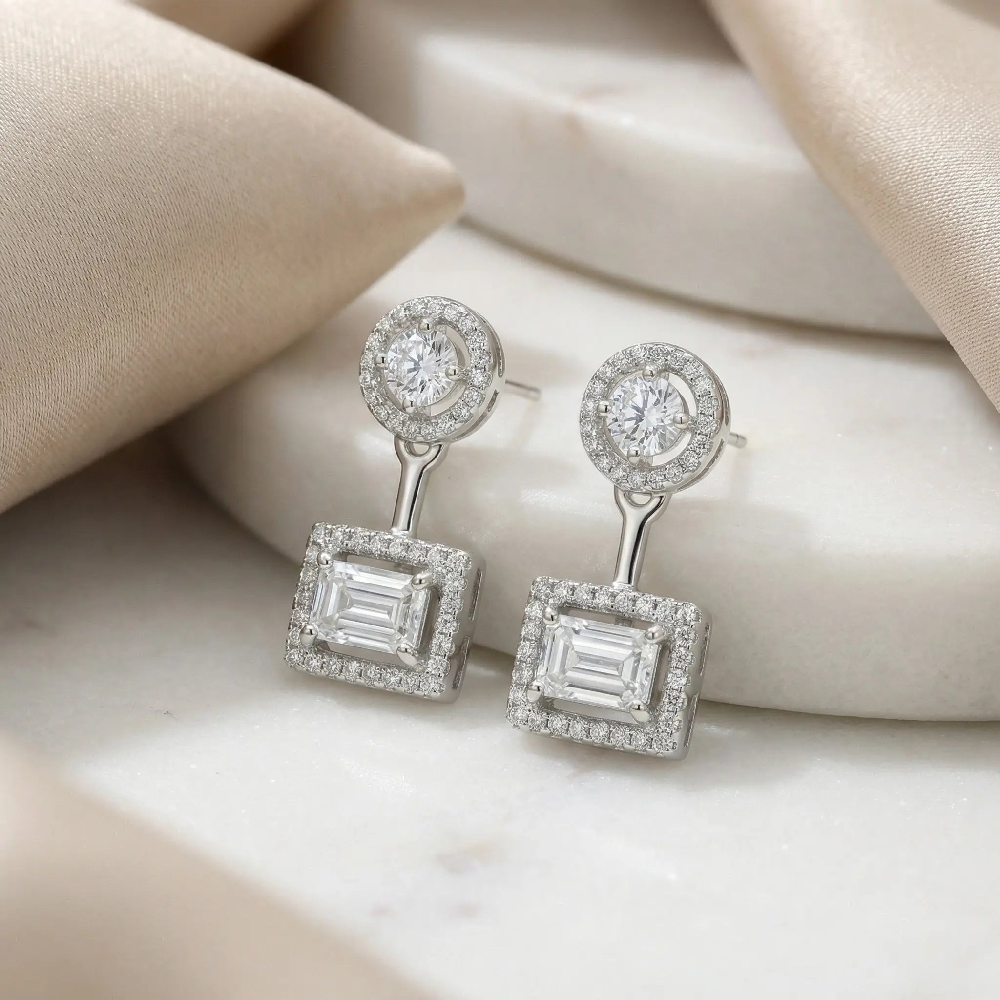 925 Sterling Silver Sophisticated Round and Emerald Cut CZ Double Halo Drop Earrings
