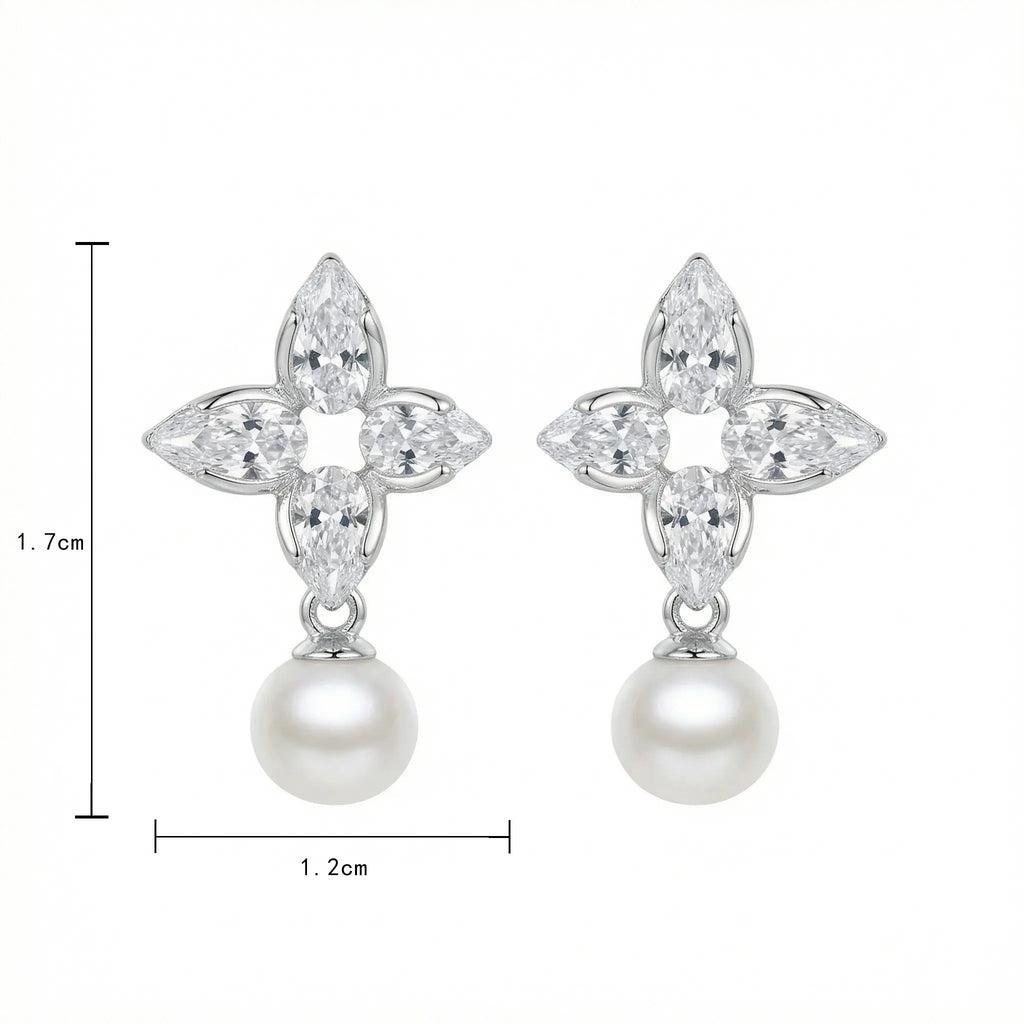 925 Sterling Silver Elegant Floral Marquise Cluster Pearl Drop Earrings