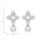 925 Sterling Silver Elegant Floral Marquise Cluster Pearl Drop Earrings