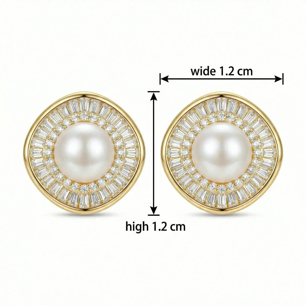 925 Sterling Silver Elegant Pearl Stud Earrings with Baguette and Round Diamond Sunburst Halo NP Collection
