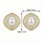 925 Sterling Silver Elegant Pearl Stud Earrings with Baguette and Round Diamond Sunburst Halo NP Collection