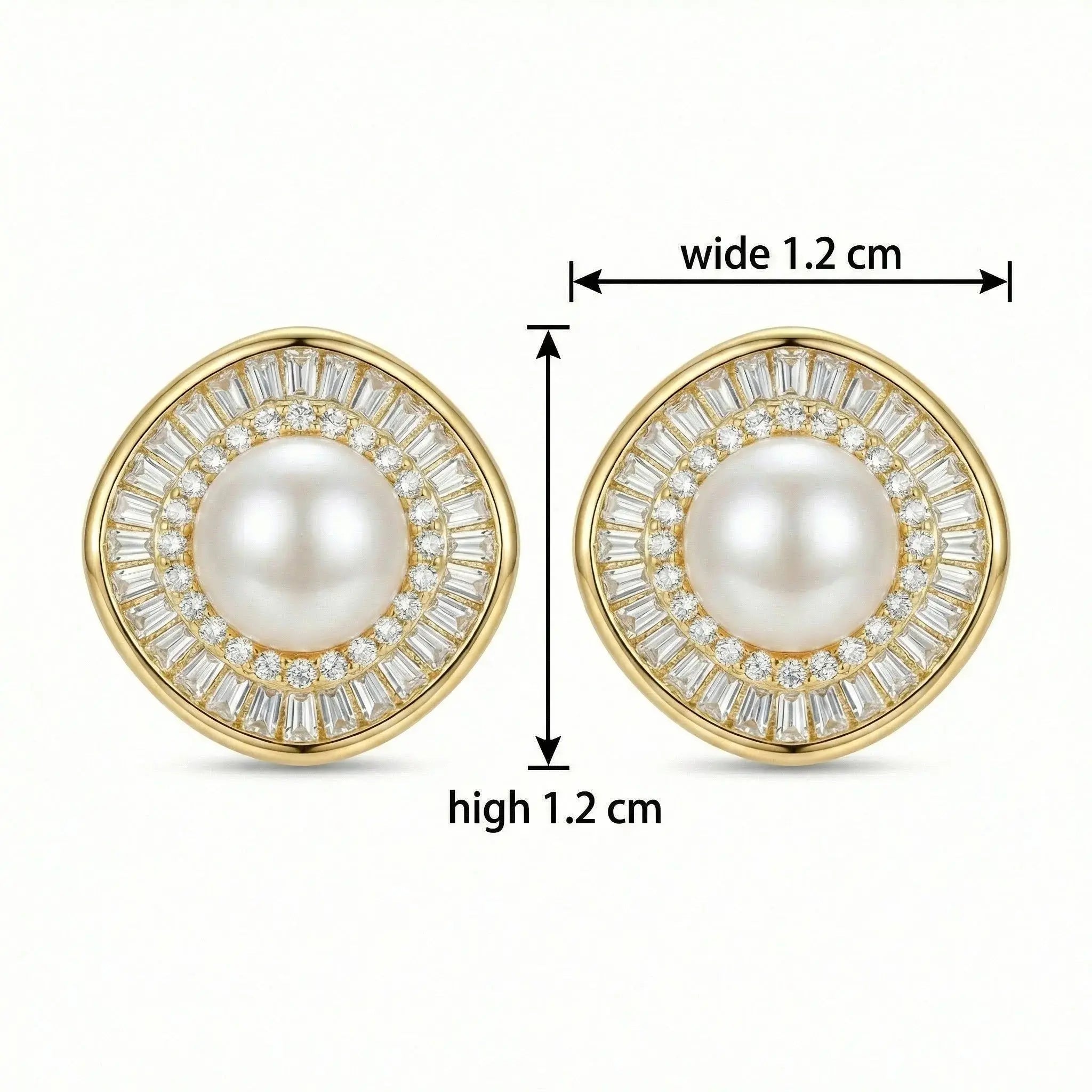 925 Sterling Silver Elegant Pearl Stud Earrings with Baguette and Round Diamond Sunburst Halo NP Collection