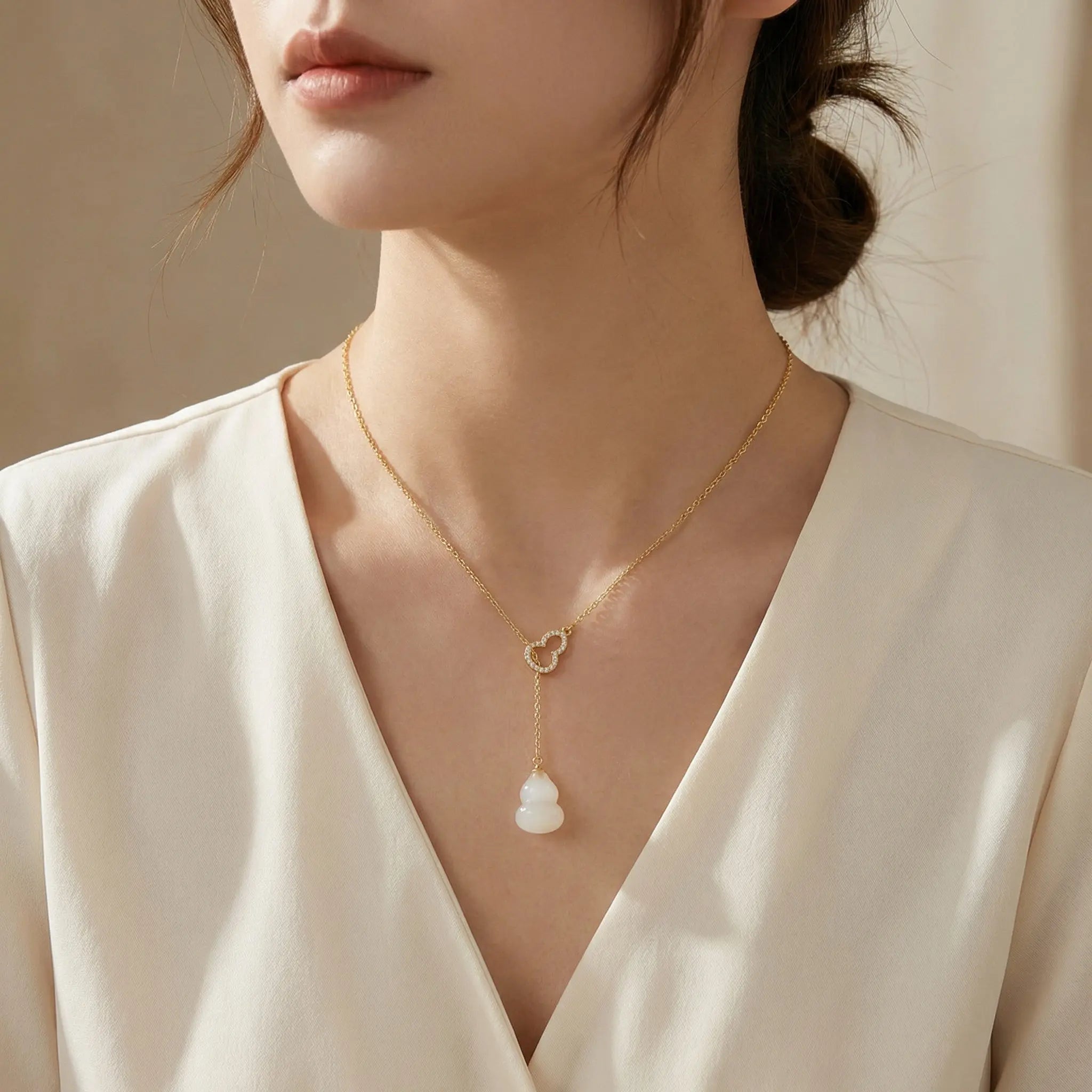 925 Sterling Silver Elegant White Jade Wulu Lariat Necklace with Diamond Pavé Accents NP Collection