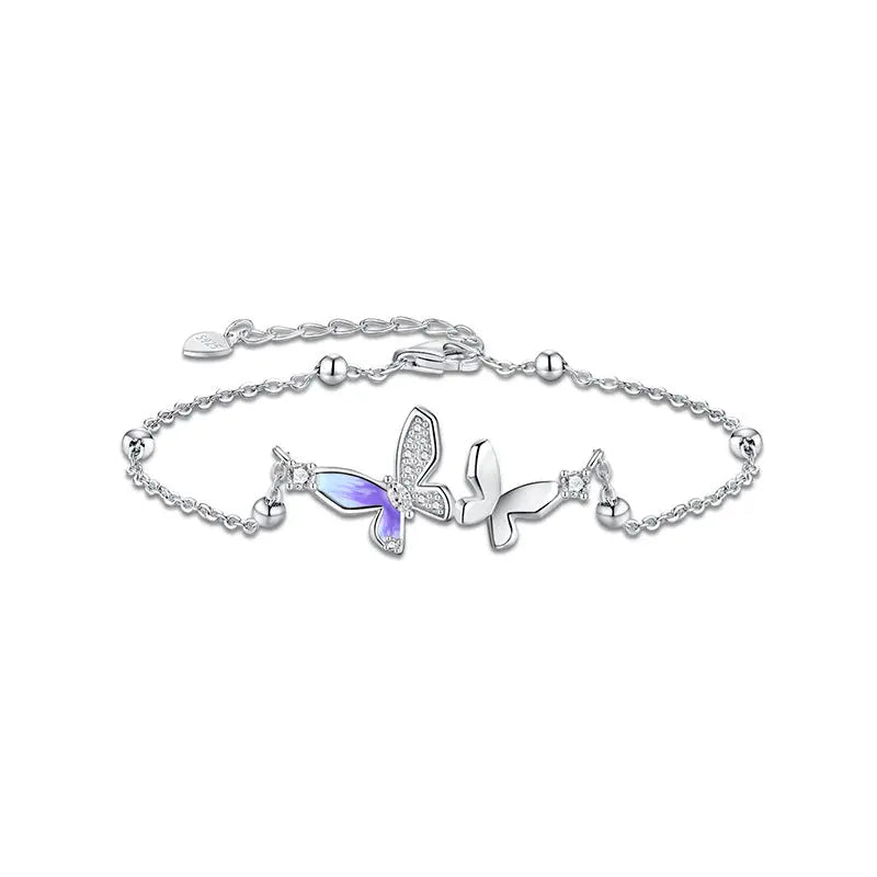 S925 Sterling Silver Forest-Style Flower and Butterfly Bracelet NP Collection