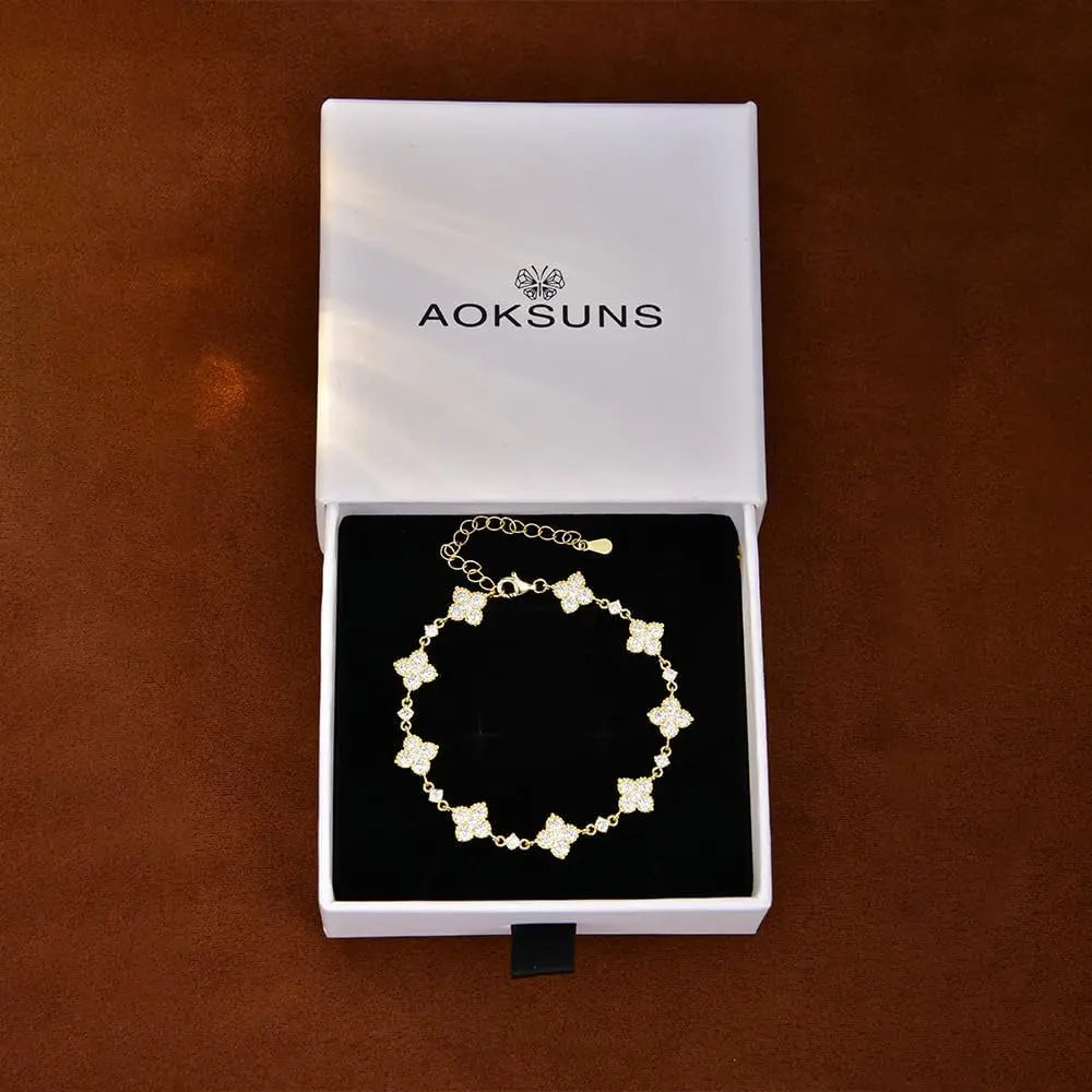 Moissanite Four-Leaf Clover Bracelet, 14K Gold Filled