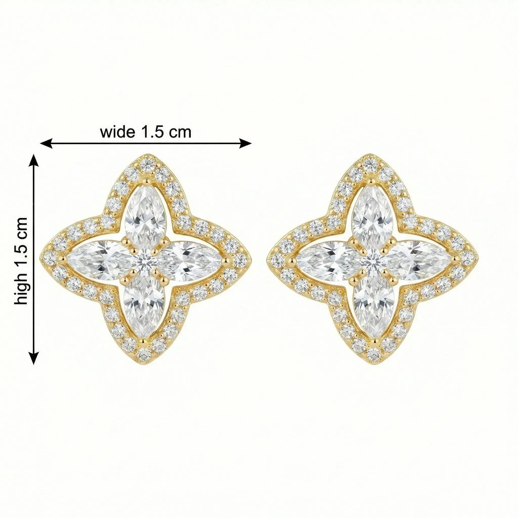 925 Sterling Silver Elegant Marquise and Round Diamond Floral Clover Stud Earrings