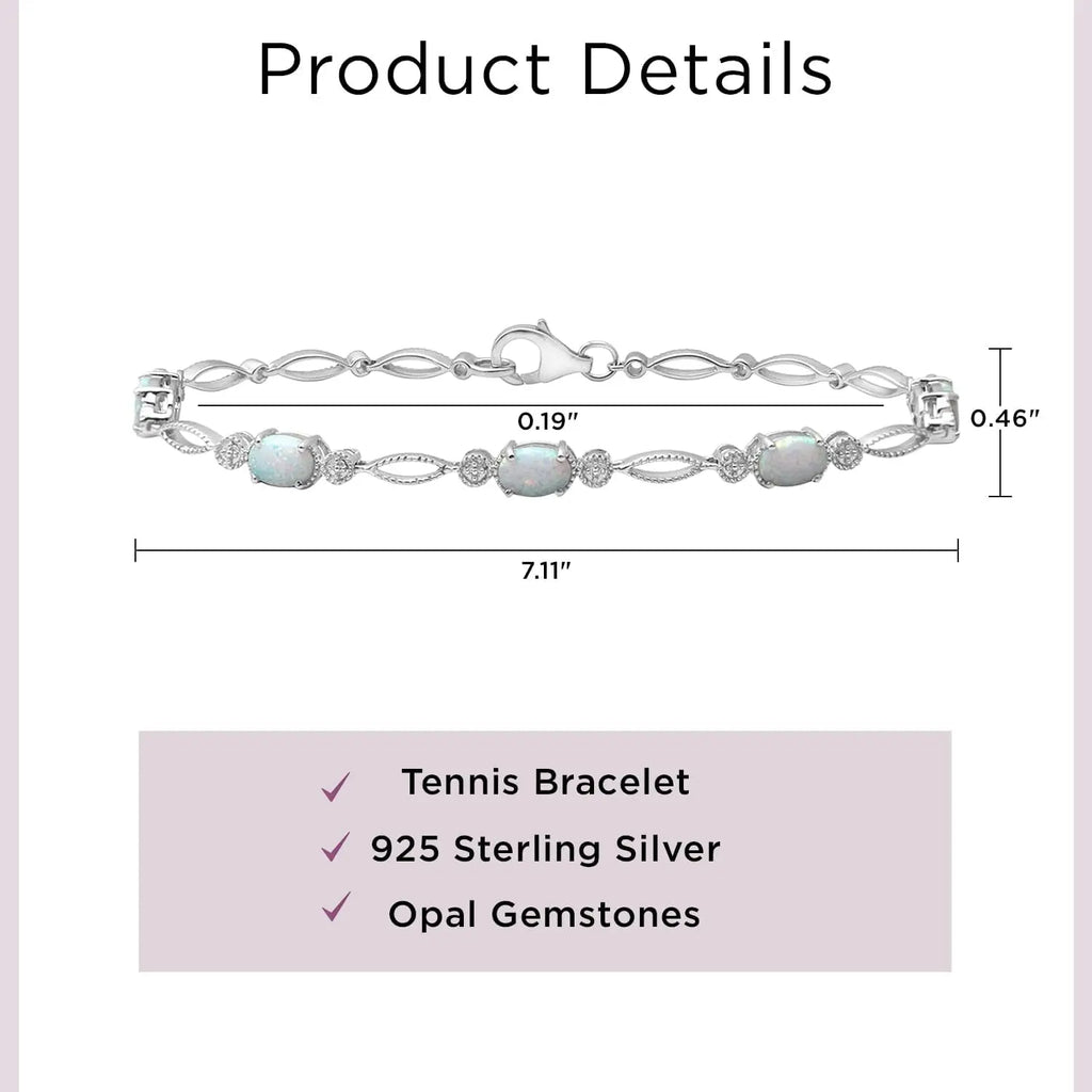 Sterling Silver Tennis Bracelet | Oval Created Opal | 7.50" | Milgrain Setting, Timeless Fashion Jewelry with Gift Box, Lobster Claw Clasp