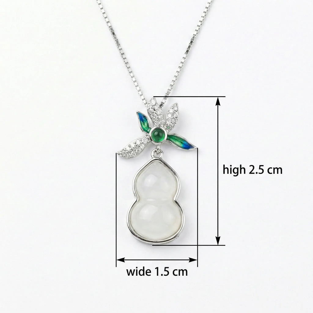 925 Sterling Silver Exquisite White Jade Gourd Pendant Necklace with Enamel Floral Accents and Sparkling Details NP Collection