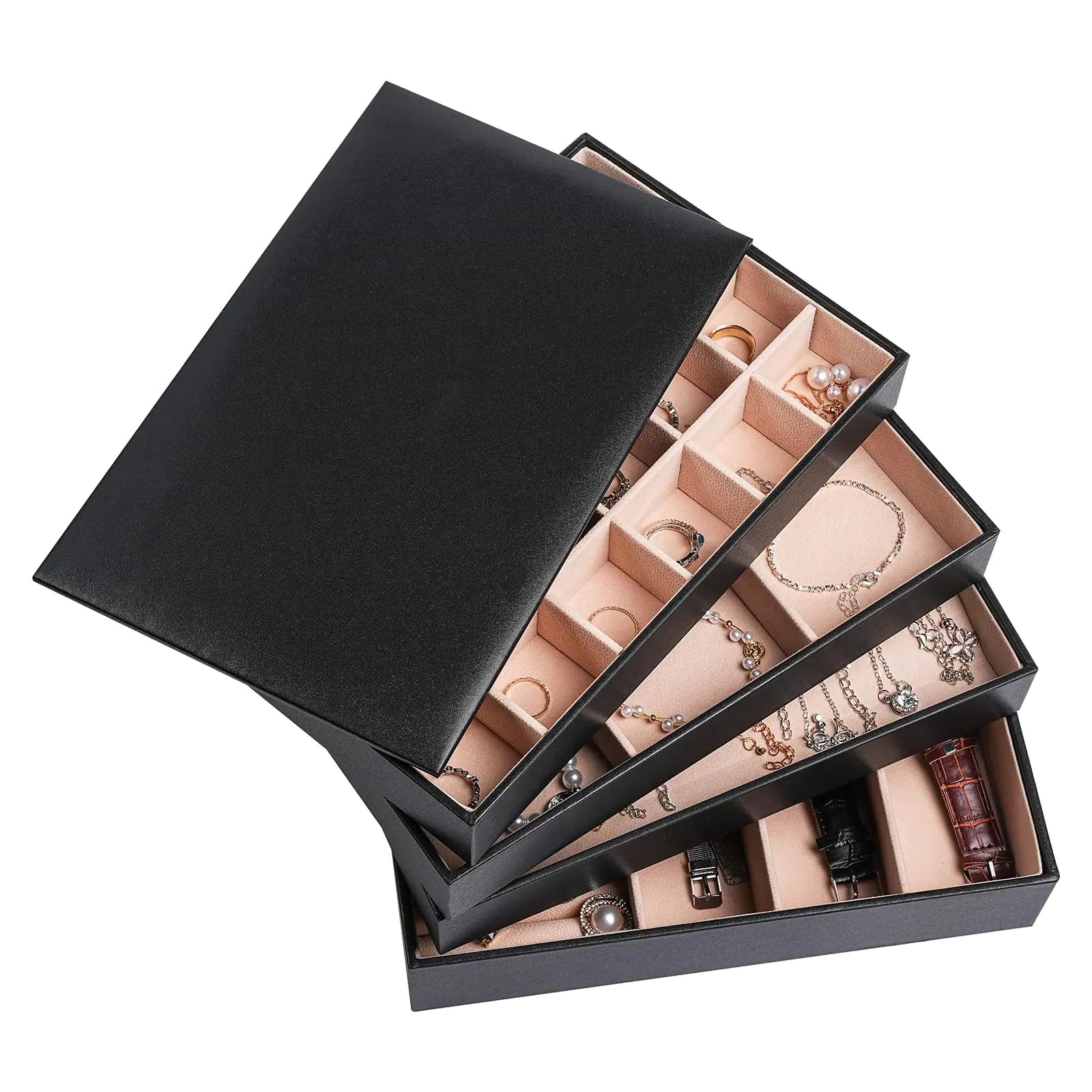 Stackable Jewelry Organizer Tray with Lid PU Leather