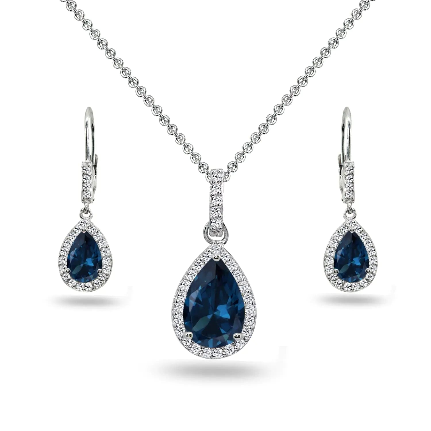 Teardrop Halo Simulated London Blue Topaz & White Topaz Necklace and Earrings