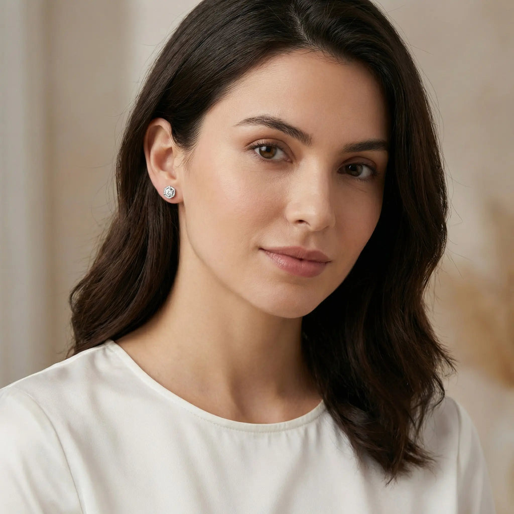 925 Sterling Silver Elegant Geometric Hexagon Stud Earrings with Round-Cut Center Stone and Pavé Halo