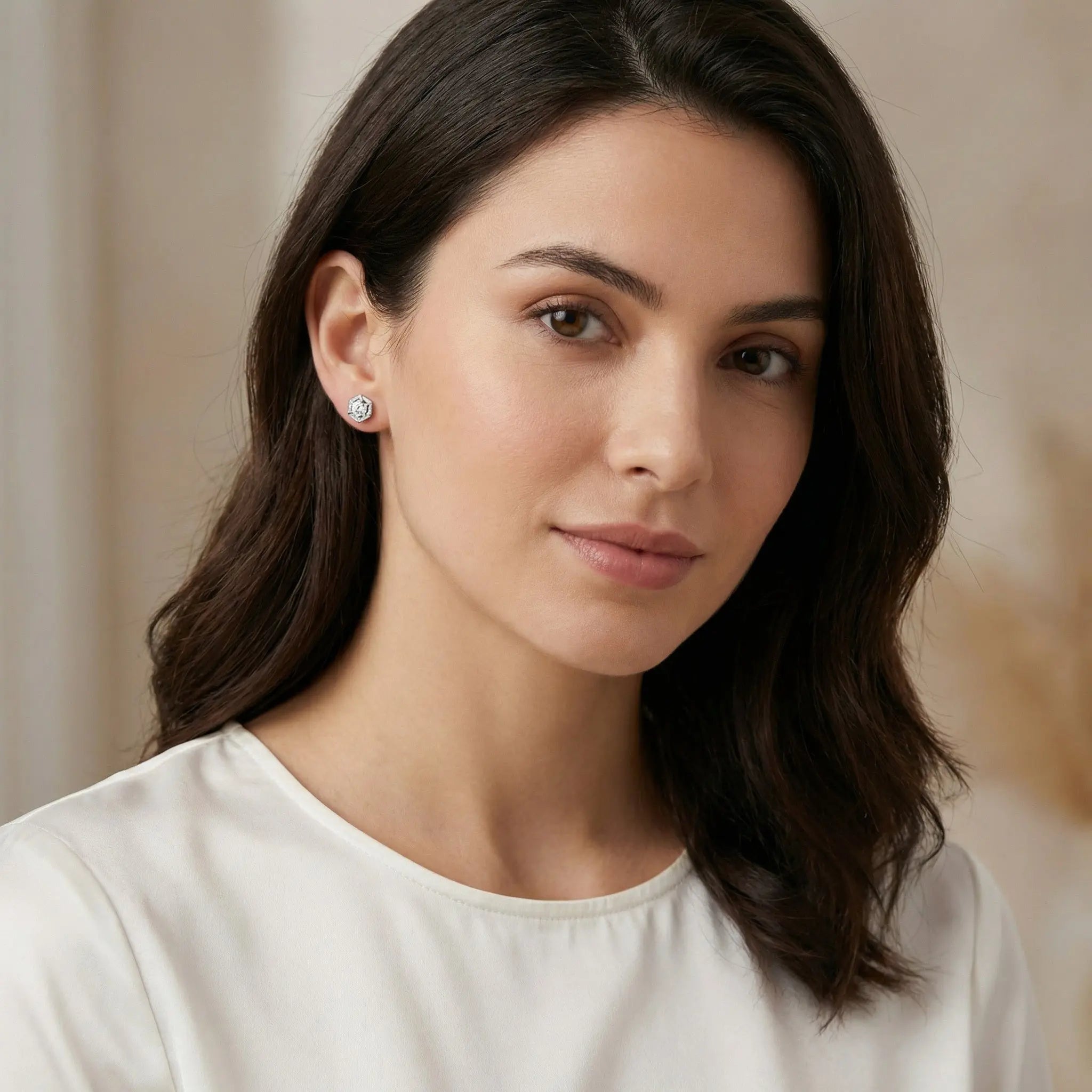 925 Sterling Silver Elegant Geometric Hexagon Stud Earrings with Round-Cut Center Stone and Pavé Halo