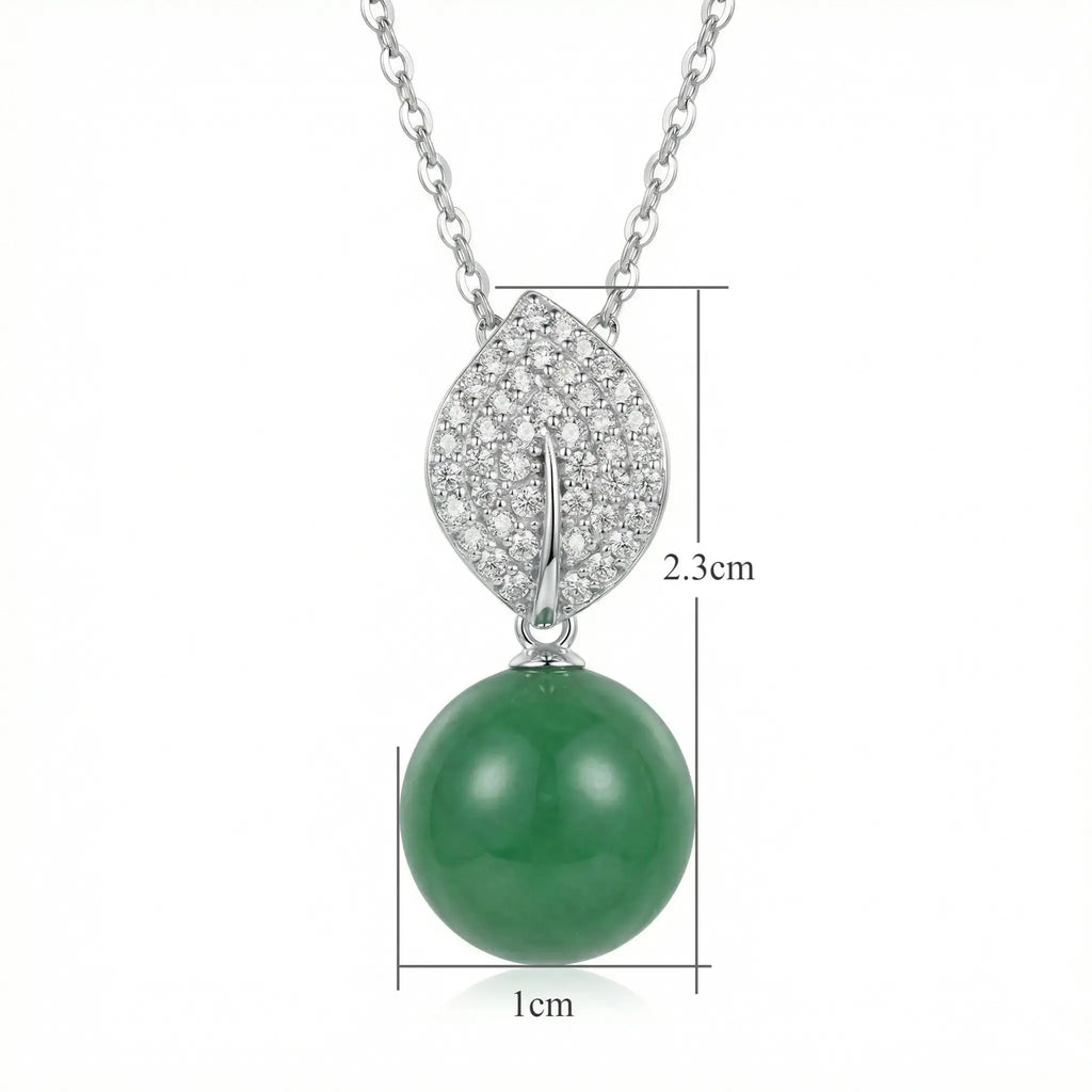 925 Sterling Silver Elegant Silver Necklace featuring a Green Jade Bead and Sparkling Diamond Leaf Bail NP Collection