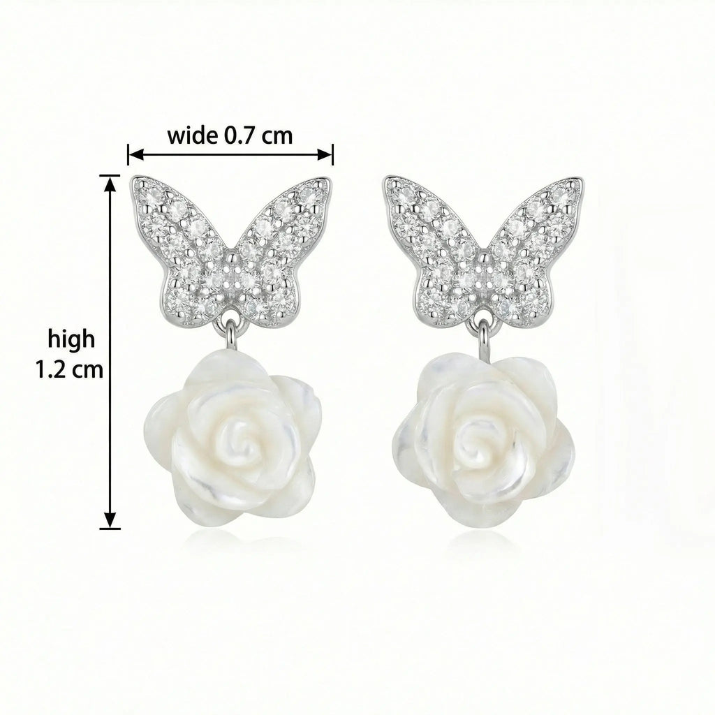 925 Sterling Silver Sparkling Butterfly and Elegant White Rose Mother-of-Pearl Drop Earrings