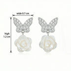 925 Sterling Silver Sparkling Butterfly and Elegant White Rose Mother-of-Pearl Drop Earrings